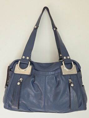 B. Makowski Navy Blue 100% Leather Large Hobo With Silver Hardware Shoulder Bag